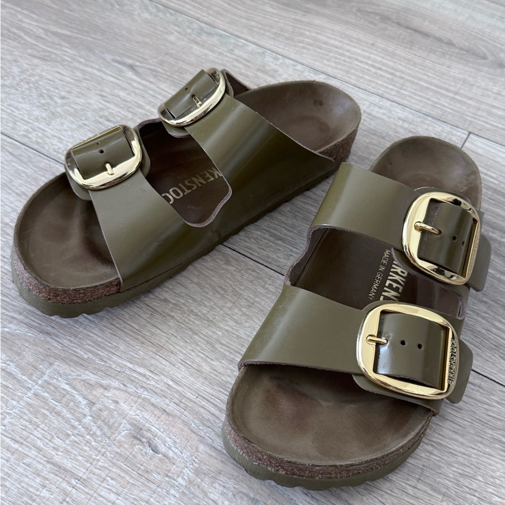 Birkenstock Olive Green Sandals with Gold Buckles